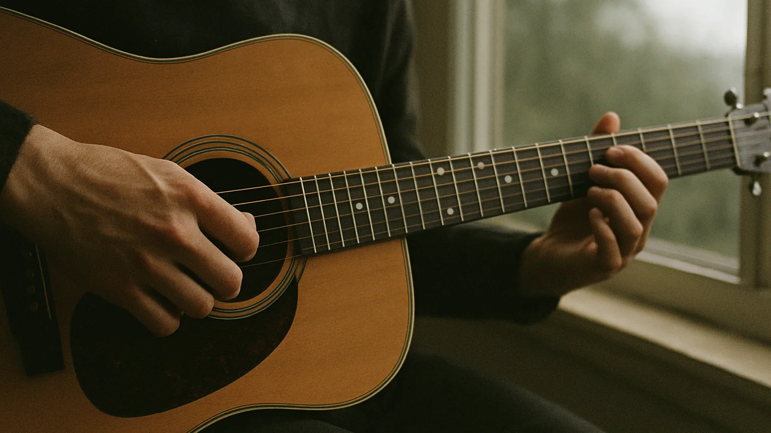 Close documentary photograph of hands fingerpicking an acoustic g