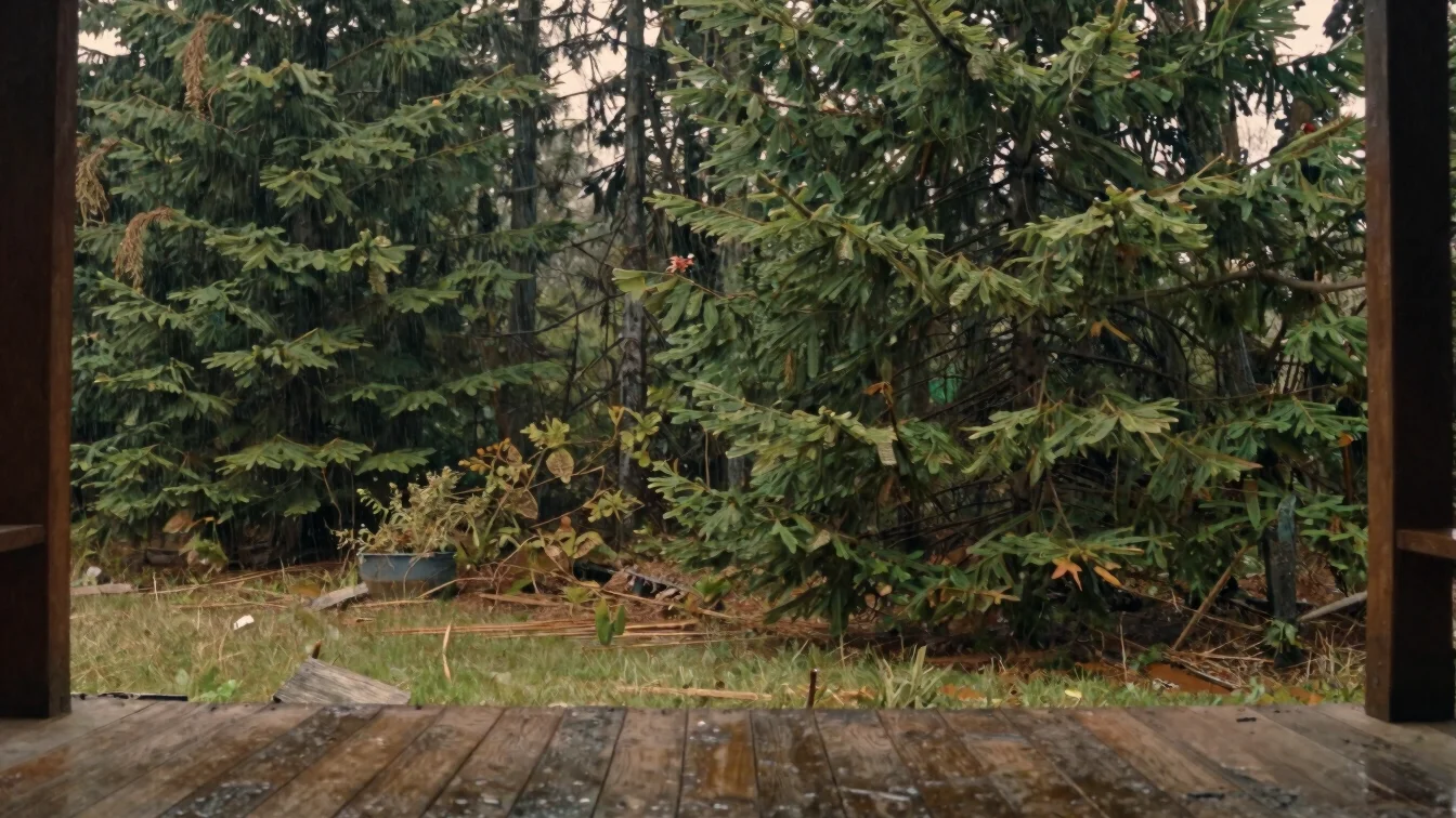 Wide environmental photograph of an evergreen forest edge in soft